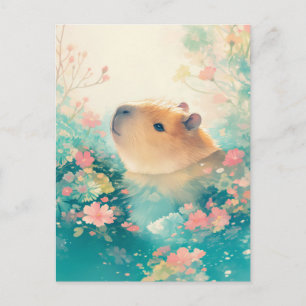 Cartão Postal Capivara Nadando em Lagoa de Flores Silvestres Cor