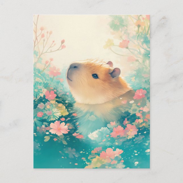 Cartão Postal Capivara Nadando em Lagoa de Flores Silvestres Cor (Frente)
