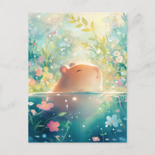 Cartão Postal Capivara Nadando em Lagoa Mágica de Flores Silvest