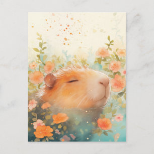 Cartão Postal Capivara Nadando na Lagoa de Flores Silvestres Pês