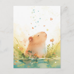 Cartão Postal Capivara Pacífica com Coração e Pétalas Caindo