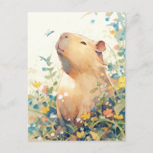 Cartão Postal Capivara Pacífica com Pequeno Pássaro Azul