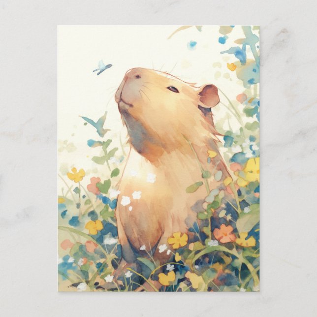 Cartão Postal Capivara Pacífica com Pequeno Pássaro Azul (Frente)