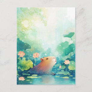 Cartão Postal Capivara Pacífica em Lagoa de Flor de Lótus Rosa
