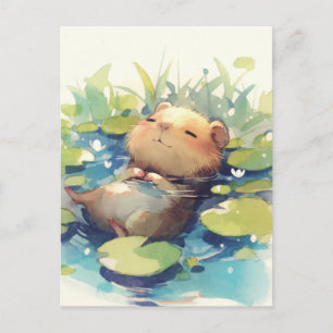 Cartão Postal Capivara Pacífica Flutuando em Lagoa de Nenúfares
