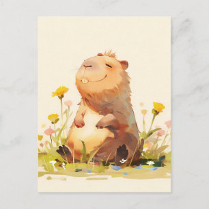 Cartão Postal Capivara Sentada em Jardim de Flores Silvestres Am