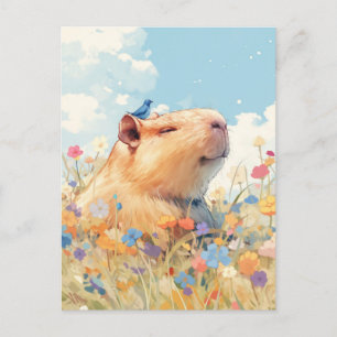 Cartão Postal Capivara Sorridente com Pássaro Azul em Prado Flor