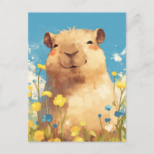 Cartão Postal Capivara Sorridente em Jardim Ensolarado de Flores