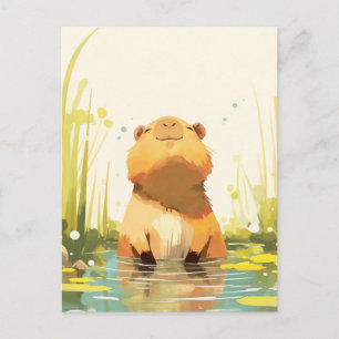 Cartão Postal Capivara Sorridente em Lagoa de Natureza Tranquila