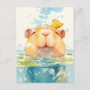 Cartão Postal Capivara Sorridente Nadando com Pequeno Pássaro Am