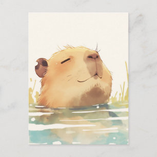 Cartão Postal Capivara Sorridente Nadando em Água Azul Tranquila