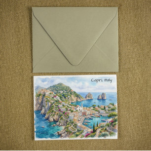 Cartão Postal Capri Itália Viagem Aquarela Minimalista Viagem