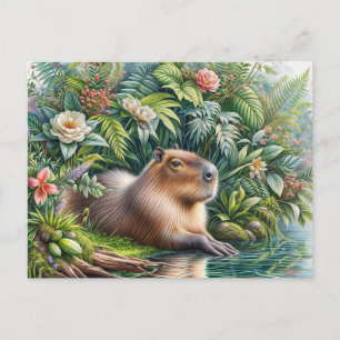 Cartão Postal Capybara Botanical Watercolor Art