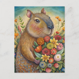 Cartão Postal Capybara com flores engraçadas e bonitas