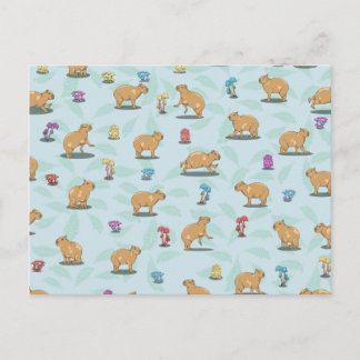 Cartão Postal Capybara e padrão de cogumelos