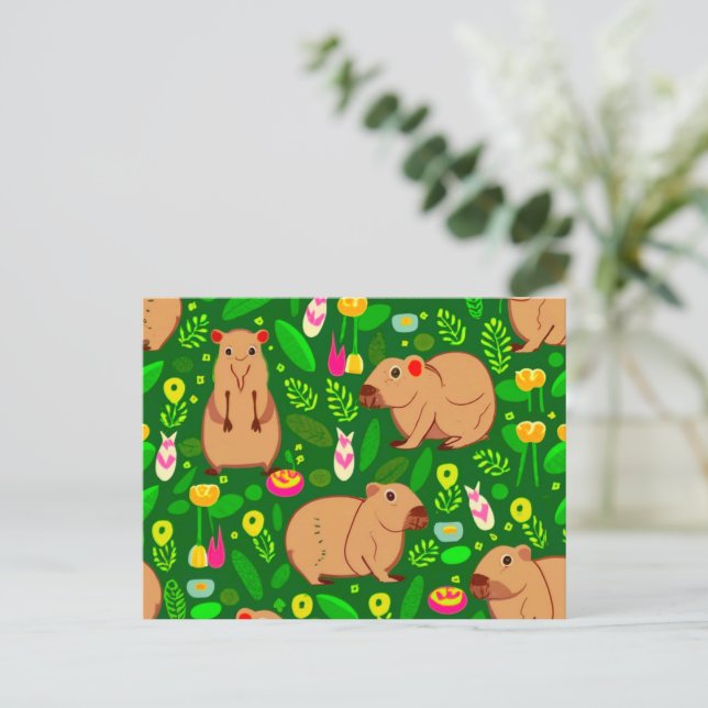 Cartão Postal Capybara Sketch com Flores de primavera em Verde (Em pé/Frente)