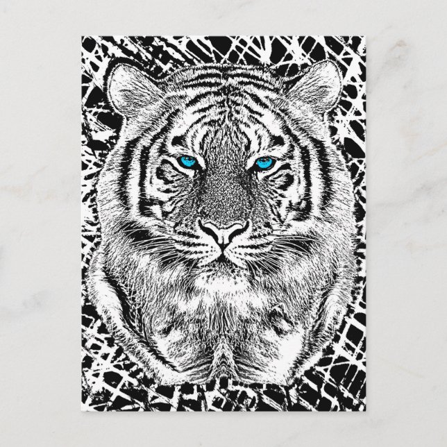 Cartão Postal Cara de Tigre Azul Preto e Branco (Frente)