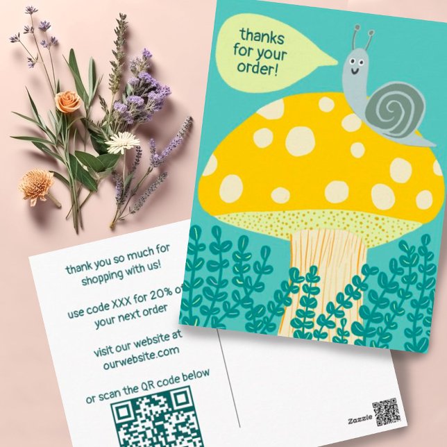 Cartão Postal Caracol Cogumelo Mágico Encomenda PERSONALIZADA Ob (Custom QR Code customer appreciation postcard for including with orders. Snail and magic mushroom!)