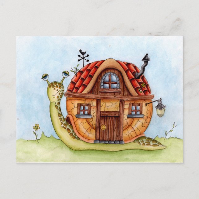 Cartão Postal Caracol Com Casa No Posto De Pintura De Aquarela T (Frente)