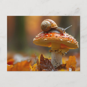 Cartão Postal Caracol sobre a cena da natureza fofa cogumelo