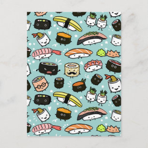 Cartão Postal Caracteres Sushi Cute   Kawaii Sushi Patternou