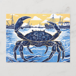 Cartão Postal Caranguejo Azul, Mar e Barco de Pesca em Linocut