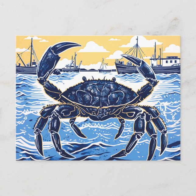 Cartão Postal Caranguejo Azul, Mar e Barco de Pesca em Linocut (Frente)