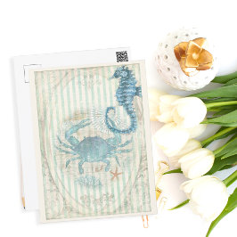 Cartão Postal Caranguejo Náutico Vintage e Cavalo do Mar