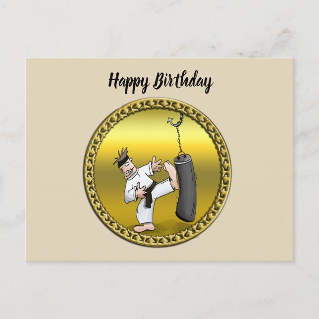 Cartão Postal Carateiro negro chutando um saco de treino preto (Frente)