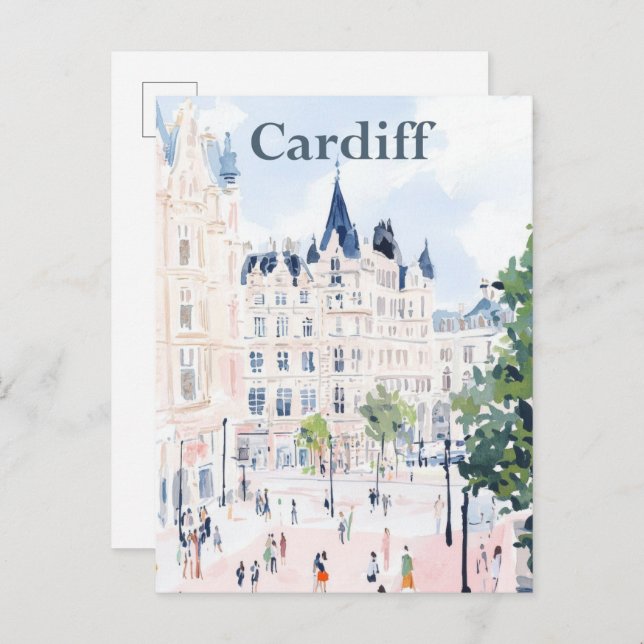 Cartão Postal Cardiff Wales Watercolor Painting Viagem (Frente/Verso)