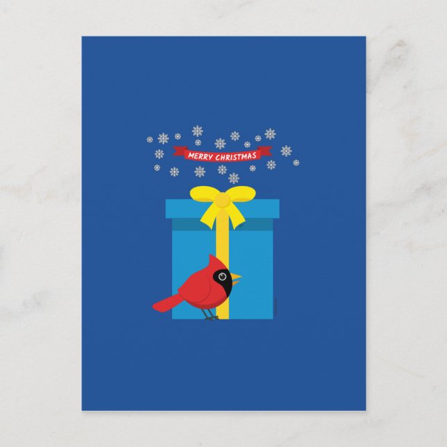 Cartão Postal Cardinal Vermelho Fofo Com Presente Azul (Frente)