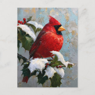 Cartão Postal Cardinal Vermelho na Azevinho Nevado