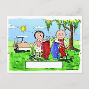 Cartão Postal Caricatura de Cartum de Casal de Golfe Personaliza