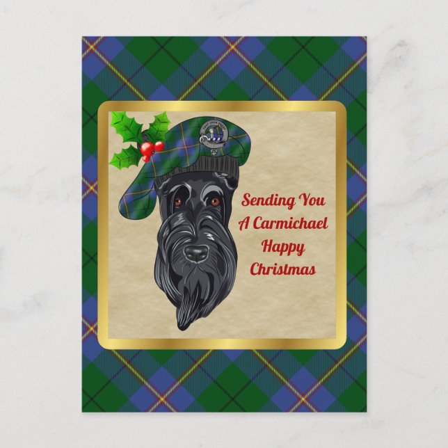Cartão Postal Carmichael Clan Crachá e Tartan Natal (Frente)