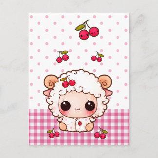 Cartão Postal Carneiros bonitos e cerejas kawaii