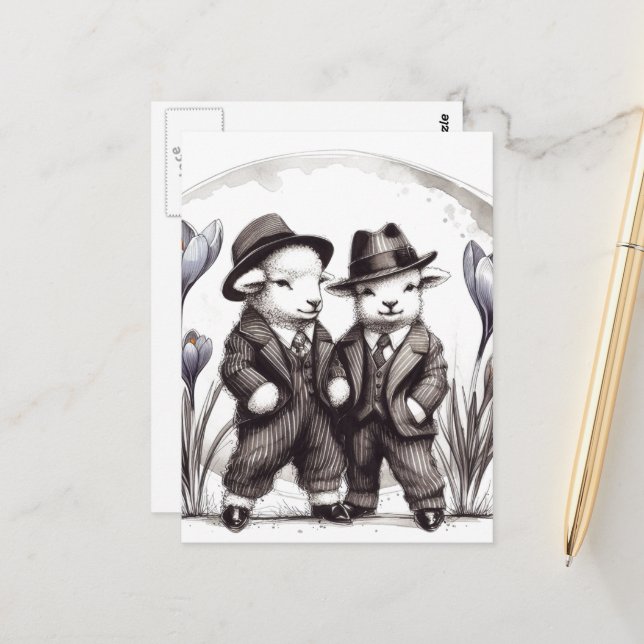 Cartão Postal Carneiros engraçados de Páscoa de vindima em naias (Frente/Verso In Situ)