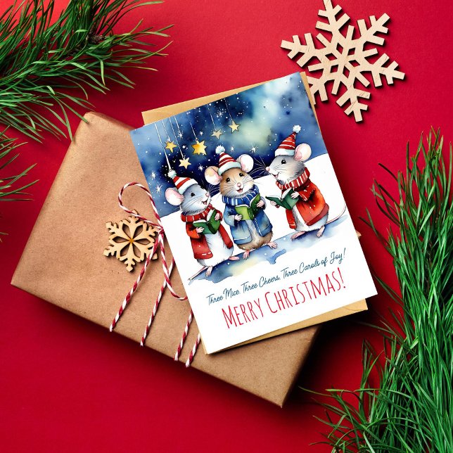Cartão Postal Caróis de Natal ratos cantando aquarela fofo (Mice singing Christmas carols starry night watercolor Merry Christmas greetings postcard)