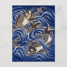 Cartão Postal Carpa em Ondas Artes Japonesas de Seda Koi Fish