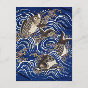 Cartão Postal Carpa em Ondas Artes Japonesas de Seda Koi Fish