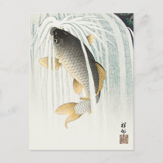 Cartão Postal Carpa Pulando - Ohara Koson - Arte de Peixes Vinta (Frente)