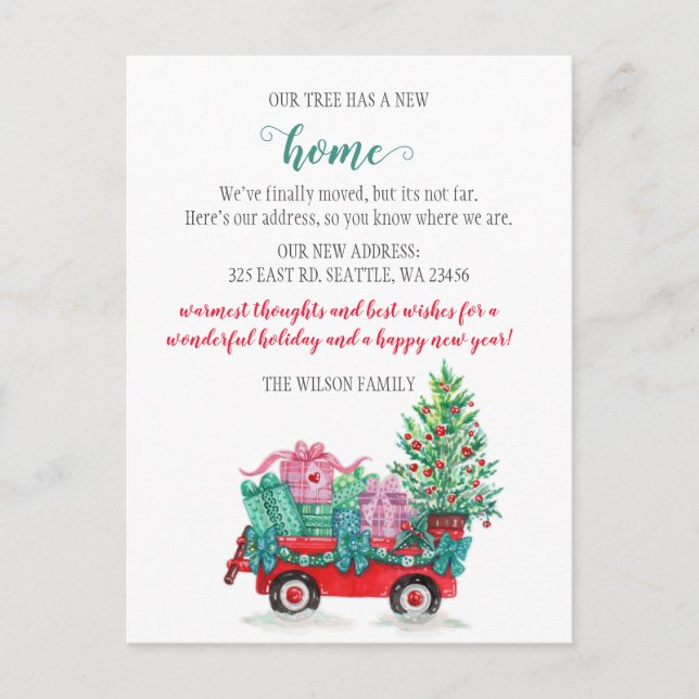 Cartão Postal Carrinho de Árvore de Natal Nós Mudamos de Férias (Frente)