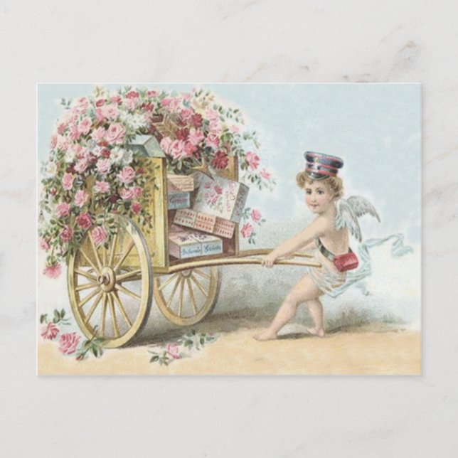Cartão Postal Carrinho de Doces Rosa Correio Cupido Querubim (Frente)