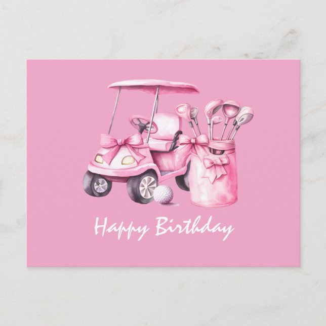 Cartão Postal Carrinho de Golfe com Feliz Aniversário Mulher Gol (Frente)