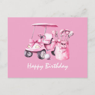 Cartão Postal Carrinho de Golfe com Golfer Feminina Aniversário 