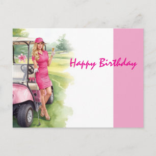 Cartão Postal Carrinho de Golfe com Golfer Mulher Aniversariante