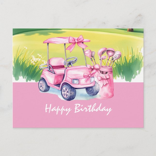 Cartão Postal Carrinho de Golfe com Mulher Golfista Feliz Aniver (Frente)