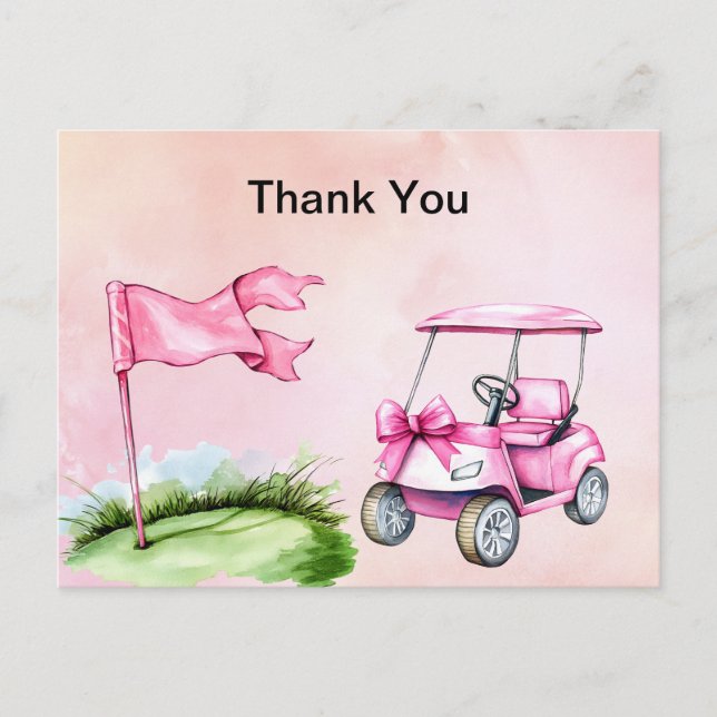Cartão Postal Carrinho de Golfe Rosa tema Menina aquarela Obriga (Frente)