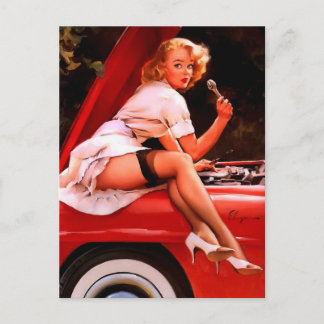 Cartão Postal Carro Antigo Mecânico Garota Pin-up Retro