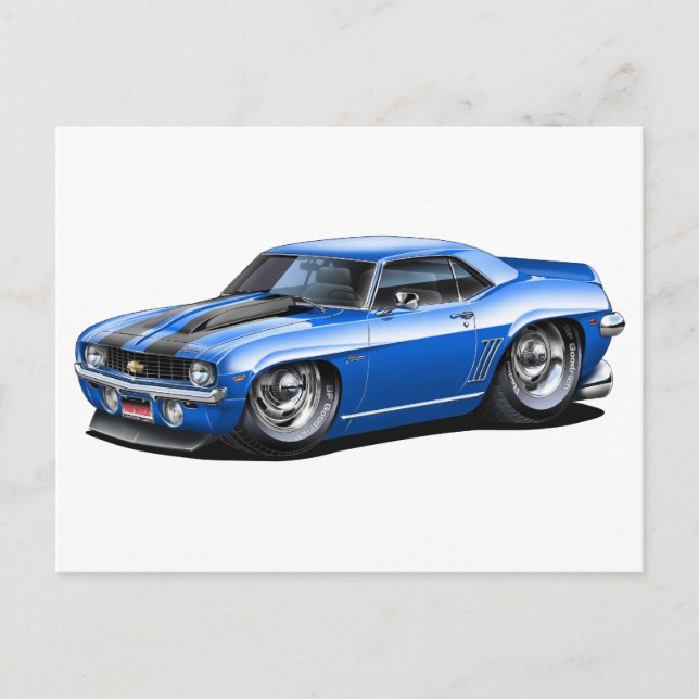 Cartão Postal Carro Azul-Preto Camaro SS 1969 (Frente)