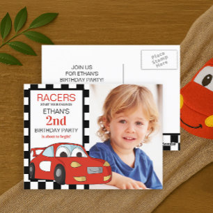 Cartão Postal Carro de Corrida Vermelho Xadrez Preto e Branco An